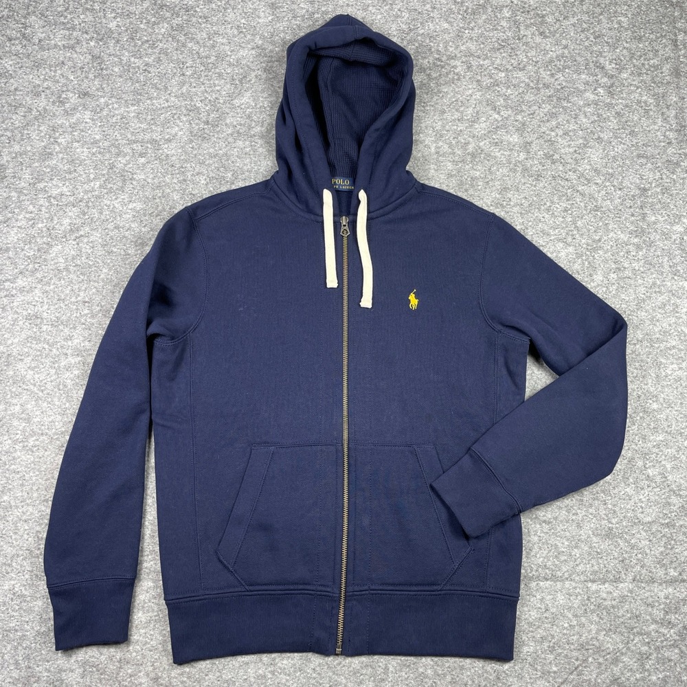 Polo Ralph Lauren Zip Hoodie Mens M Navy Yellow Pony Waffle Lined Hood Fleece